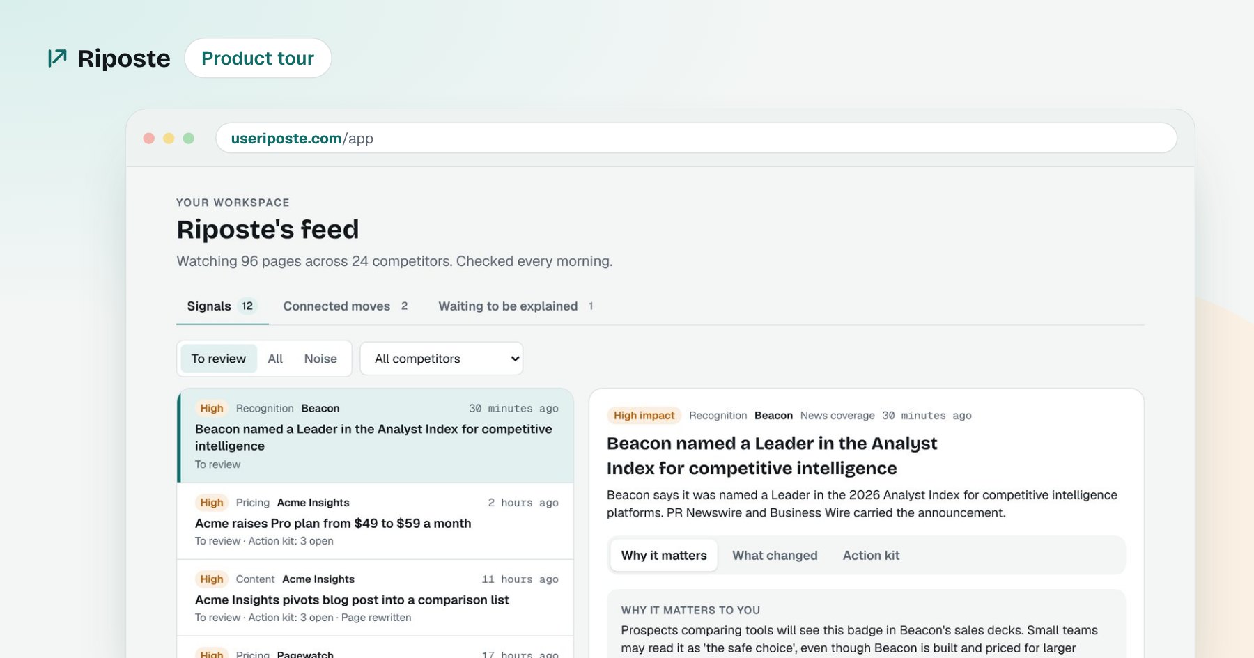 The Riposte feed showing competitor changes