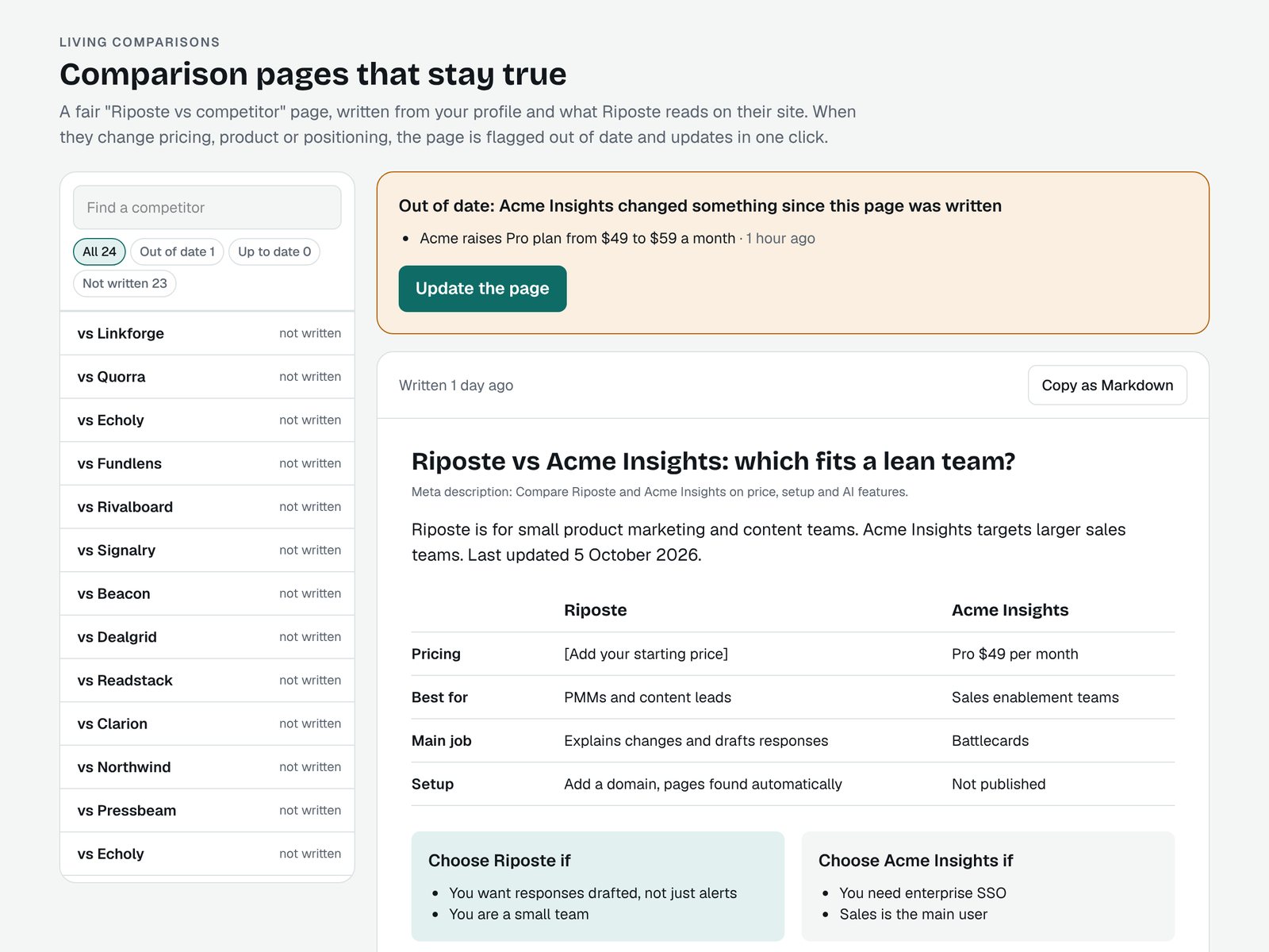 A Riposte comparison page